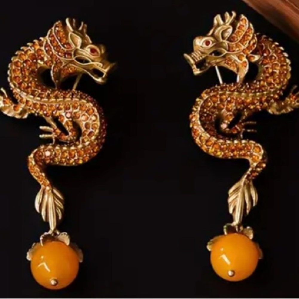 Mythical Gold and Orange Dragon Earrings